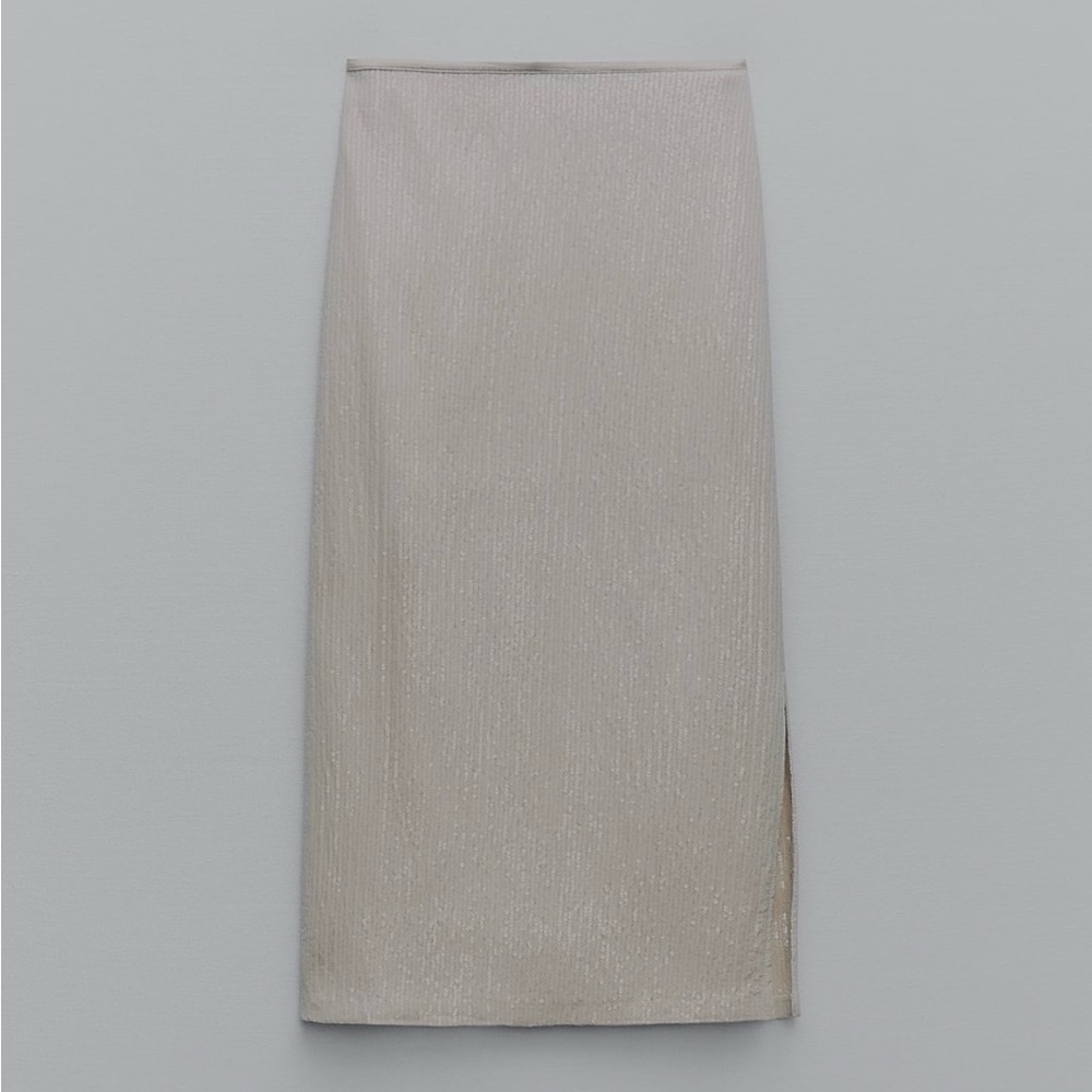 Zara Collection Elegant Sequin Beige Women's Midi Skirt with a touch of stretch.